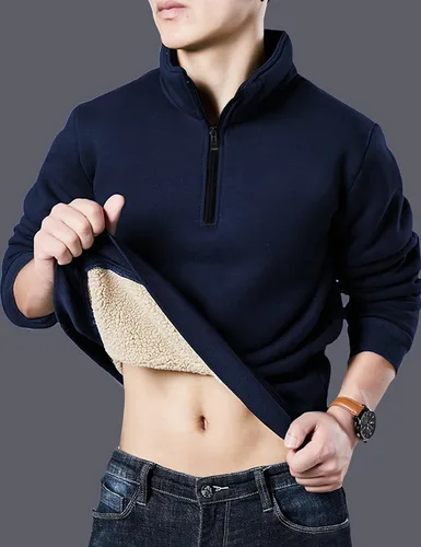 Vista 5 de Yeokou Sudadera de forro polar cálido con cuello redondo para hombre con forro de sherpa grueso