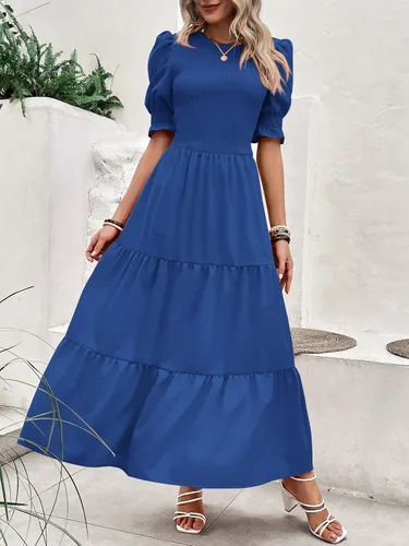 Vista 63 de BTFBM Vestidos para mujer, cuello redondo, casual, de verano, con volantes, manga corta, bohemio, con niveles, fruncido, largo, con estampado floral