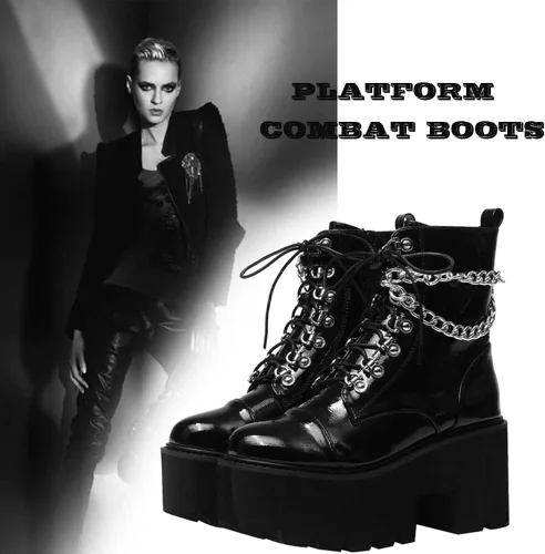 Vista 4 de CYNLLIO - Botas estilo combate de moda al tobillo de mujer, plataforma en bloque con cordones y tachas, botas de motocicleta a mitad