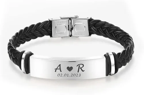 Vista 6 de Personalized Mens Bracelet Leather Engraved Bracelet Gift for Boyfriend Him Husband Dad Best man Customized Gifts Christmas Birthday Wedding