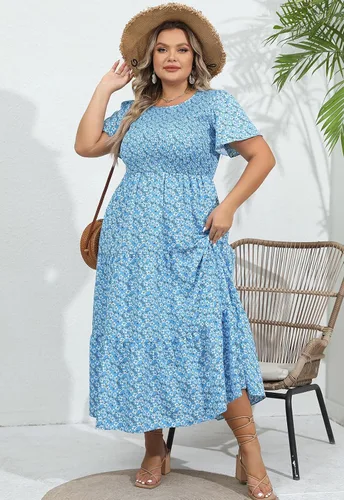 Vista 5 de Vestido largo escalonado fruncido para mujer, talla grande, con bolsillos, elegante, manga corta, cuello redondo, floral, bohemio, vestido bohemio