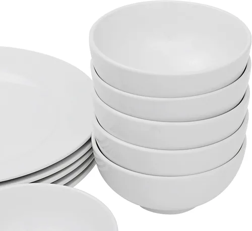 Vista 2 de Juego de vajilla de porcelana blanca, 18 piezas, platos y cuencos, juegos de platos con platos llanos, cuencos de ensalada para pasta y platos