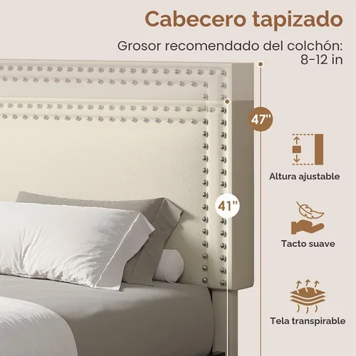 Vista 4 de VECELO Base de cama de plataforma de tamaño individual con cabecera tapizada de altura ajustable, base de colchón moderna, soporte de listones