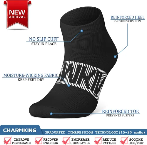 Vista 5 de CHARMKING Calcetines de compresión para mujeres y hombres, 6 pares de calcetines atléticos de tobillo de 15-20 mmHg, ideales para entrenamiento