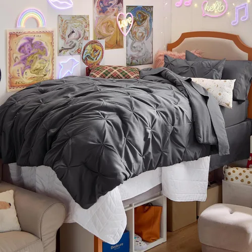 Vista 83 de Bedsure - Juego de edredón tamaño individual gris - Ropa de cama tamaño individual en una bolsa de 5 piezas, juego de cama Pintuck GentleSoft™