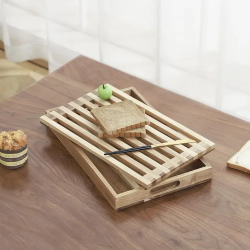 Vista 3 de Tabla de cortar de pan rectangular de madera con bandeja de migas incorporada para pan, verduras, carne, marrón, 2.58 libras