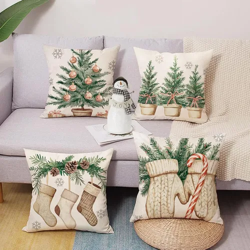 Vista 5 de Juego de 4 fundas de almohada decorativas para árbol de Navidad de invierno, 18 x 18 pulgadas, con medias de manoplas, regalos para porche