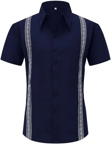 Vista 2 de Camisas de guayabera cubana para hombre, de algodón, ajuste relajado, de lino, manga corta, camisa de playa, con botones