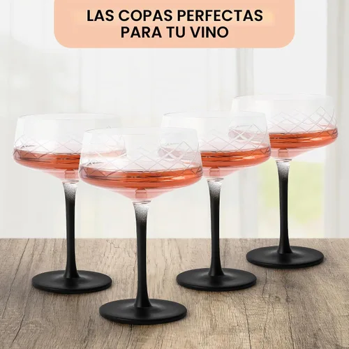 Vista 2 de MIAMIO Juego de 4 vasos Coupé de 9.5 onzas con cuchara de bar, vasos de cóctel de cristal soplado a mano con tallo negro, vasos de cóctel, vasos