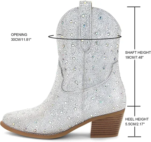 Vista 2 de SOVANYOU - Botas de cowboy con tachuelas para mujer, puntera en forma de almendra, tacón de bloque brillante, botas de vaquera con tachuelas