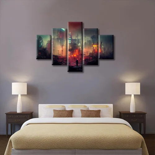 Vista 299 de Cuadros de 5 paneles de Cyberpunk City, arte de pared, representación de vallas publicitarias, edificios modernos en la capital con obras de arte