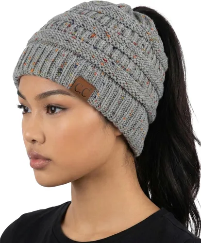 Vista 44 de Funky Junque Gorro de Cola de Caballo para Mujeres - Gorro de Invierno Ponyback Suave Elástico de Punto Trenzado Cola Alta Gorros para Correr