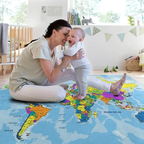 Vista 3 de Alfombra colorida con mapa del mundo para sala de estar o dormitorio, 4 x 5 pies