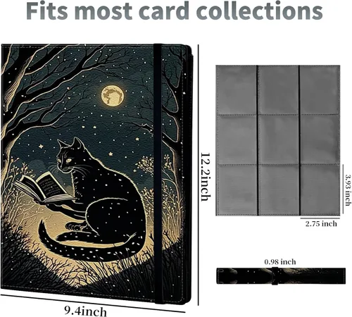 Vista 2 de Carpeta de tarjetas de gato negro y luna, 9 bolsillos para álbum de tarjetas intercambiables, carga lateral, 360 bolsillos, tarjetero de poliuretano