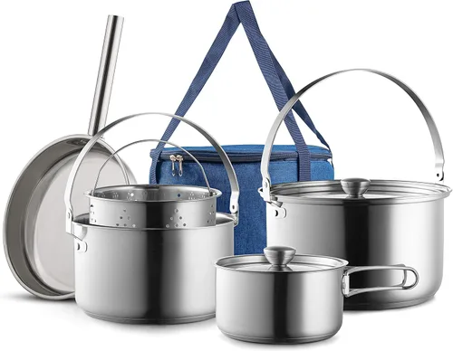 Vista 10 de Juego de utensilios de cocina de acero inoxidable 304 de 8 piezas para ollas y sartenes, kit de cocina de fuego abierto Sartén vaporera con bolsa