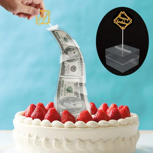 Vista 3 de Kit de extracción de dinero, caja de dinero de cumpleaños con 1 adorno para pastel de cumpleaños y 20 bolsas transparentes conectadas, decoración
