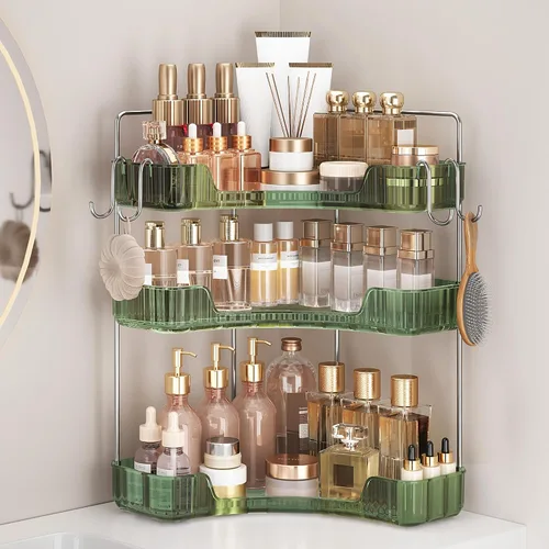Vista 7 de Organizador de esquina para encimera de baño, organizador de baño de 2 niveles y encimera de almacenamiento con ganchos, cuidado de la piel