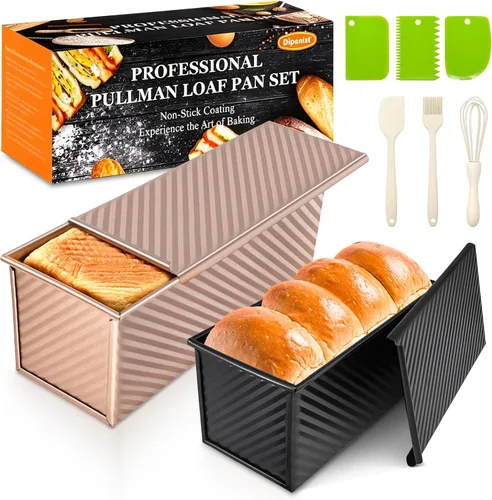 Vista 14 de Paquete de 2 moldes para pan con tapas – Capacidad de masa de 2.2 libras y 1 libra, moldes para pan de acero al carbono antiadherentes para pan