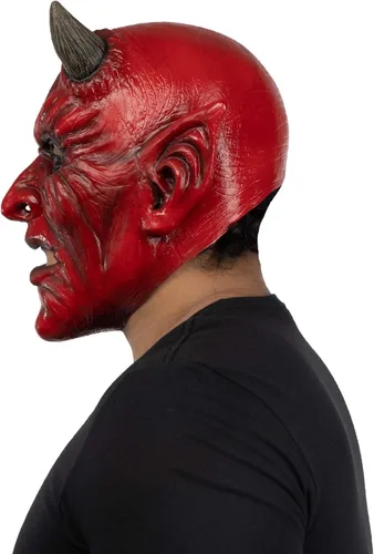 Vista 3 de Ghoulish Productions Máscara de demonio, máscara de diablo rojo. Máscara de látex de cabeza de demonio antiguo. Máscara de látex de talla única