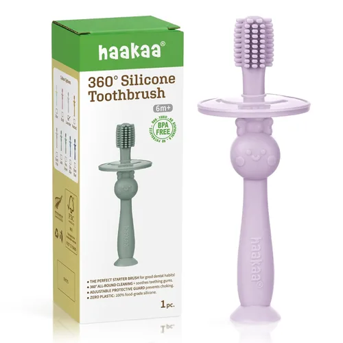 Vista 12 de haakaa Cepillo de dientes para bebé de 360° con base de succión - Limpieza suave para entrenamiento de autocepillado de niños pequeños, silicona