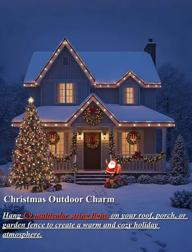 Vista 8 de Luces LED de Navidad rojas y blancas, luces de Navidad vintage C9 de 25 pies para exteriores con 26 bombillas LED, luz de Navidad extensible Luces