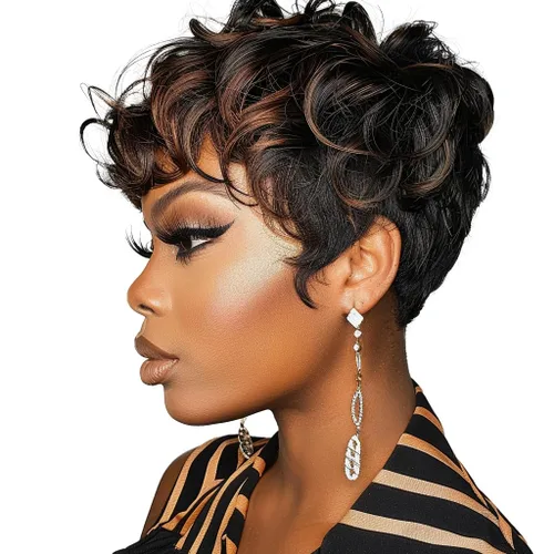 Vista 10 de DOcute Peluca gris para personas negras, corte pixie con flequillo, peluca rizada corta para mujeres negras, peluca rizada esponjosa para mujeres