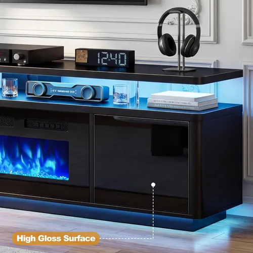 Vista 7 de oneinmil Soporte de TV con chimenea de 70 pulgadas para sala de estar, centro de entretenimiento con chimenea eléctrica con luces LED dobles