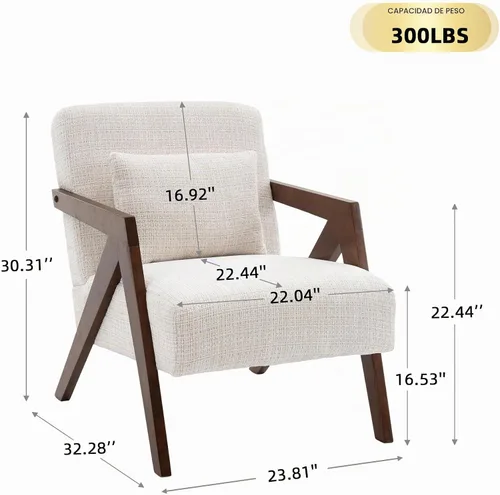 Vista 2 de Silla con acento moderno de mediados de siglo con marco de madera maciza, sillas tapizadas de chenilla para sala de estar con cojín para dormitorio