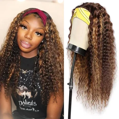 Vista 19 de Peluca con Diadema de Cabello Virgen Rubio Degradado con Ondas Profundas, Pelucas de Cabello Virgen de 8 Pulgadas, Sin Encaje Frontal para Mujeres