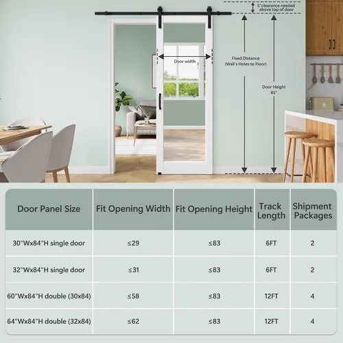 Vista 7 de 30"x84" 1-Lite Double Side Mirror Barn Door Slab with 6FT Track Kit, Handle White / 1-Lite Double Side Mirror