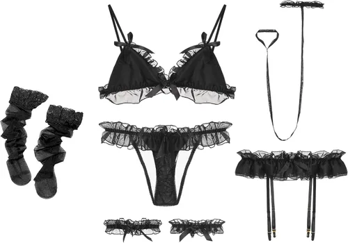 Vista 7 de Conjunto de lencería sexy para mujer con volantes y camisón con gargantilla