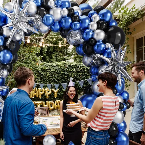 Vista 5 de Kit de guirnalda de arco de globos azules, plateados y negros, globo azul metálico, globo plateado con explosión de estrella, 127 piezas