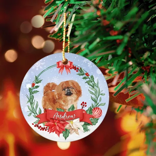 Vista 7 de Adorno personalizado con nombre de perro, adorno de Navidad de cerámica personalizado para perro, colgante redondo para árbol de bolas, recuerdo