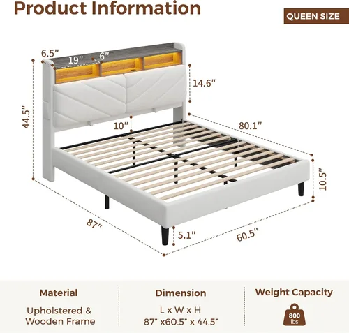 Vista 10 de Jocoevol Marco de cama de terciopelo tamaño Queen con cabecera ergonómica, cama de plataforma tapizada con luz LED y estación de carga, soporte