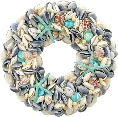 Vista 5 de Natural Seashell Wreath w/Shells, Starfish, Pearls, Sea Snails - Spring & Summer Coastal Decor Beach House Indoor Door Wreath, 18in White/Natural