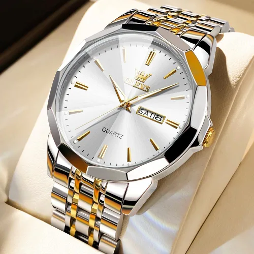 Vista 3 de OLEVS Watch for Men Diamond Business Dress Analog Quartz Stainless Steel Waterproof Luminous Date Two Tone Luxury Casual Wrist Watch Blue