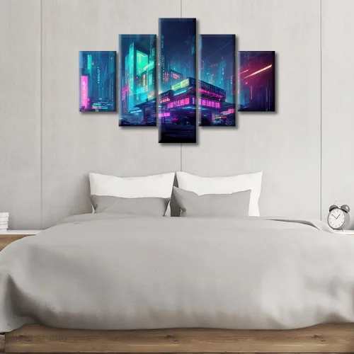 Vista 58 de Cuadros de 5 paneles de Cyberpunk City, arte de pared, representación de vallas publicitarias, edificios modernos en la capital con obras de arte