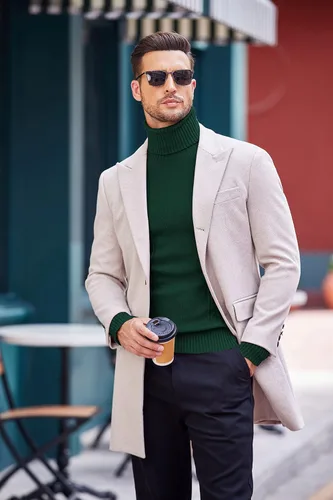 Vista 4 de COOFANDY Suéter de cuello alto ajustado para hombre, suéter de punto trenzado casual
