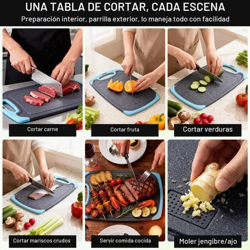 Vista 4 de Tabla de cortar de plástico, 3 tablas de cortar aptas para lavavajillas con ranuras para jugo, mango de fácil agarre, antideslizante, con área