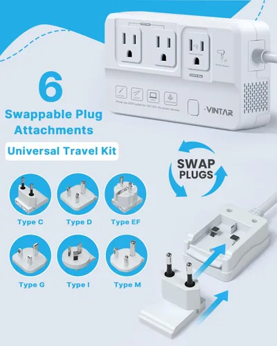 Vista 6 de VINTAR 2000W 220V a 110V Convertidor de voltaje para secadores de pelo/rizadores 7 in 1 Universal Travel Adapter, 4 USB Ports(2 USB C), Step Down