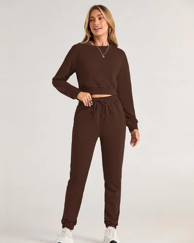 Vista 82 de BTFBM Conjunto deportivo de 2 piezas para mujer, camiseta corta de manga larga, sin botones, pantalón con cordón ajustable, pantalones deportivos