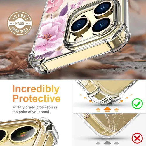 Vista 3 de Funda con diseño de patrón de flores para iPhone 13 Pro Max [con protector de pantalla], funda transparente floral para teléfono de mujer a prueba