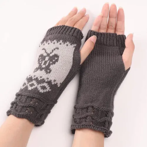 Vista 3 de Guantes elásticos de punto con diseño de mariposa para otoño e invierno para el pulgar hasta la muñeca gris oscuro