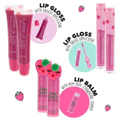 Vista 2 de EXPRESSIONS Juego de 6 brillos labiales y bálsamo labial con sabor a fresa, no tóxico y seguro para pieles sensibles, kit de labios hidratante