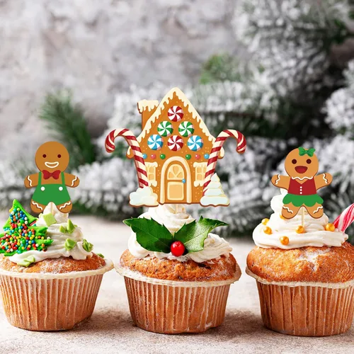 Vista 3 de AnyDesign 48 adornos de Navidad para cupcakes con palos y punta de pegamento, 7 diseños de hombre de jengibre, lindos adornos de comida de Navidad