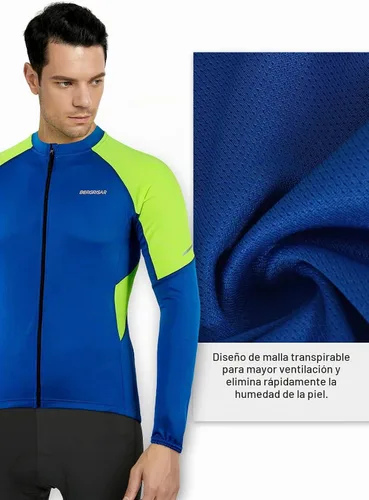 Vista 2 de BERGRISAR Hombres Básico Ciclismo Jerseys Manga Larga Bicicleta Bicicleta Camisa Cremallera Bolsillos BG012 Azul oscuro