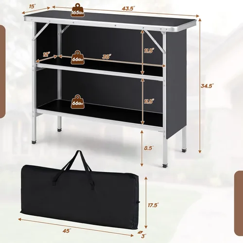 Vista 3 de Giantex Mesa de bar portátil para eventos, estación móvil plegable con estantes de almacenamiento, falda de privacidad extraíble, funda de Negro
