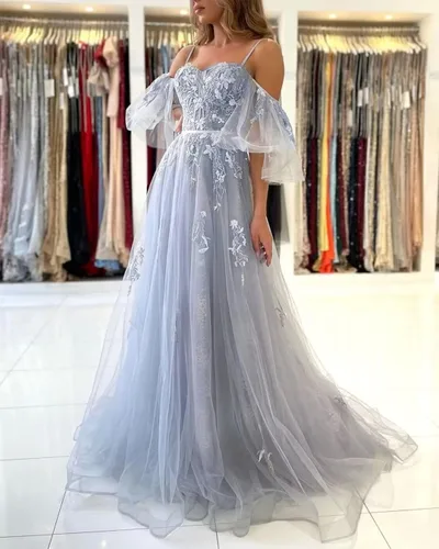 Vista 6 de hytio Vestido de noche formal con apliques de encaje para mujer, con hombros descubiertos, tul hasta el suelo, tirantes delgados, vestido de noche