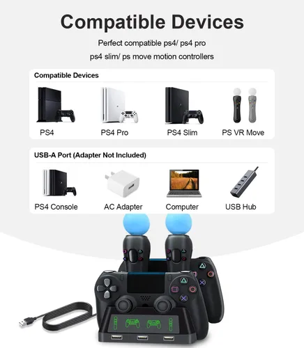 Vista 6 de Estación de carga para controlador PS4, estación de carga 4 en 1 PS VR Motion Move Controller, cargador de controlador rápido Playstation 4