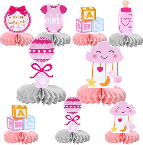 Vista 8 de 6 piezas de decoración de baby shower, centros de mesa de panal de abeja, chupete de bienvenida para bebé, niño, centro de mesa con diseño de panal
